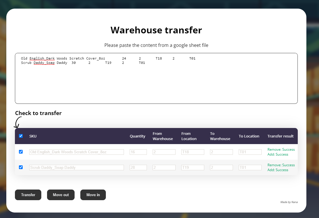 SHP Warehouse transfer